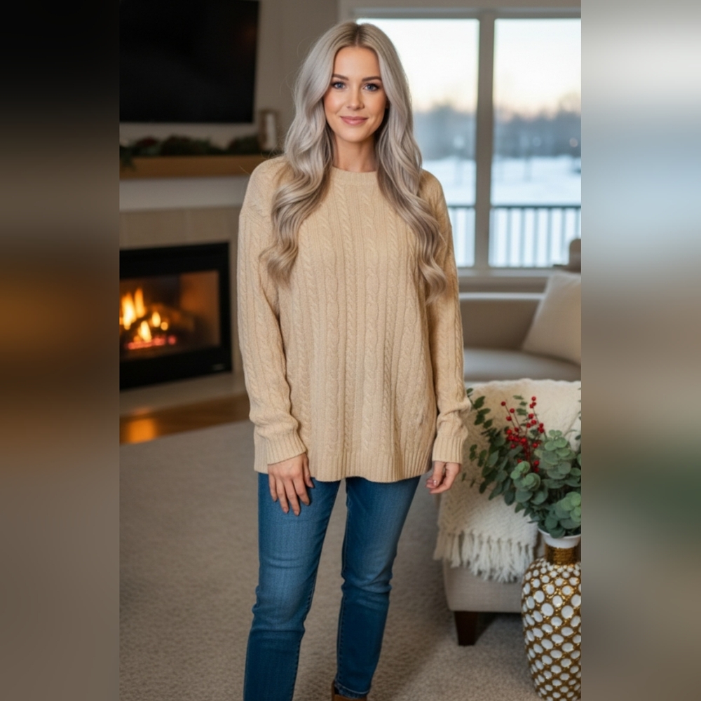 J. Crew Women's Cream Relaxed Cable Knit Sweater 100% Wool Size XL